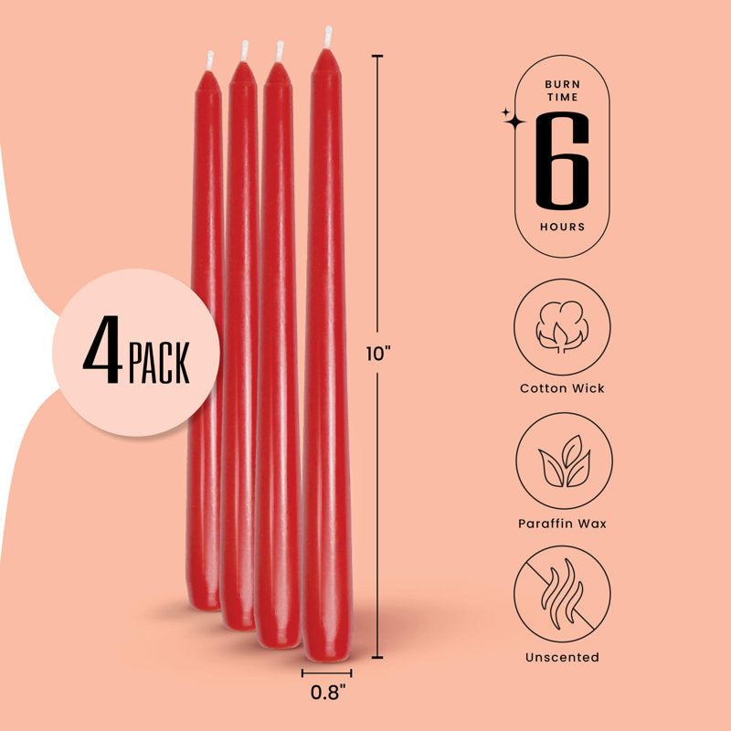 Red Taper Candles - 4 Pack, 10 Inch, Unscented