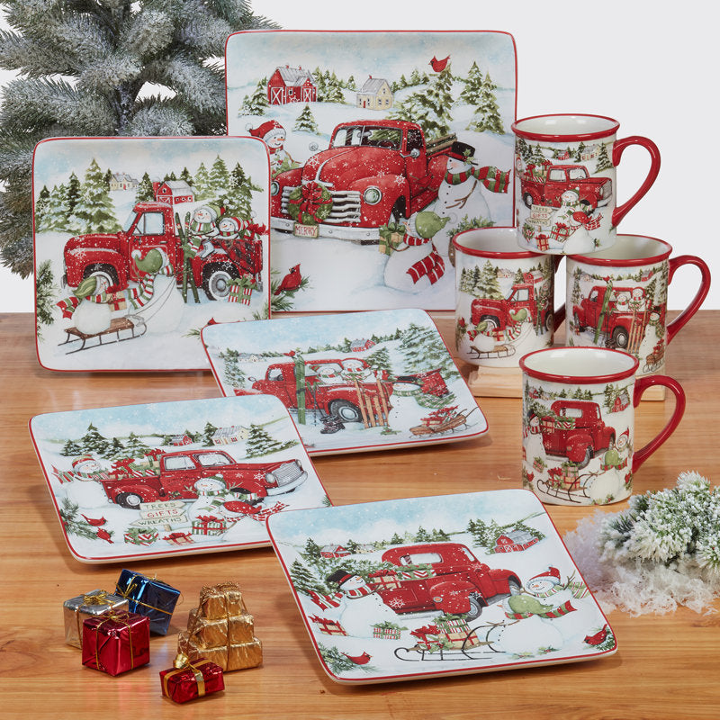 Red Truck Snowman 16Pc Dinnerware Set