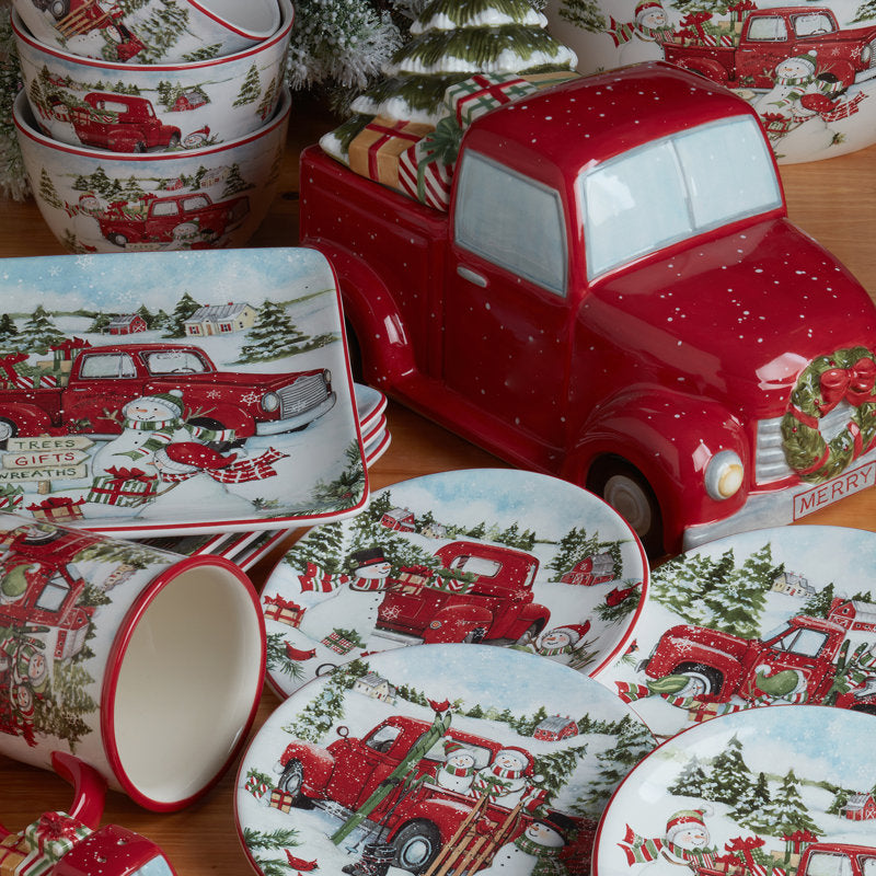 Red Truck Snowman 16Pc Dinnerware Set