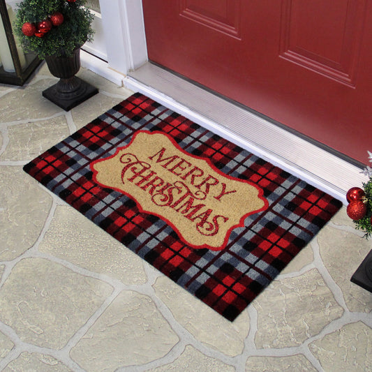 Red and Black Plaid "Merry Christmas" Rectangular Doormat 18" x 30"