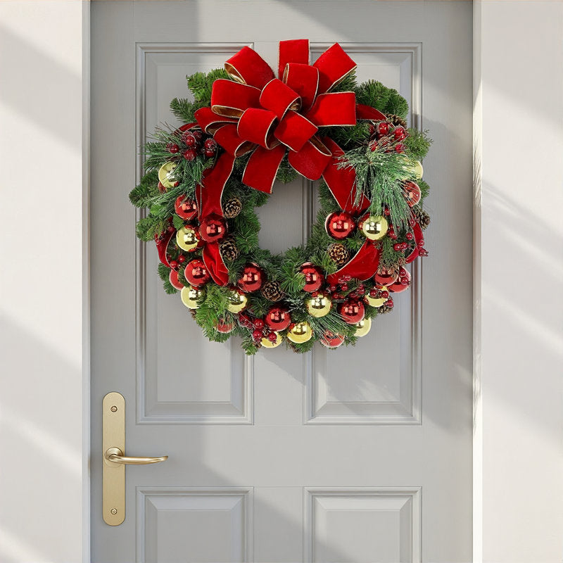 Pine Christmas Wreath hung on a wooden door