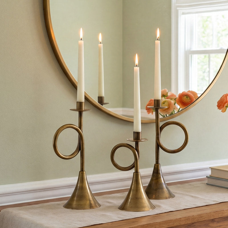 Reena Antique Brass Trumpet Metal Taper Candle Holders