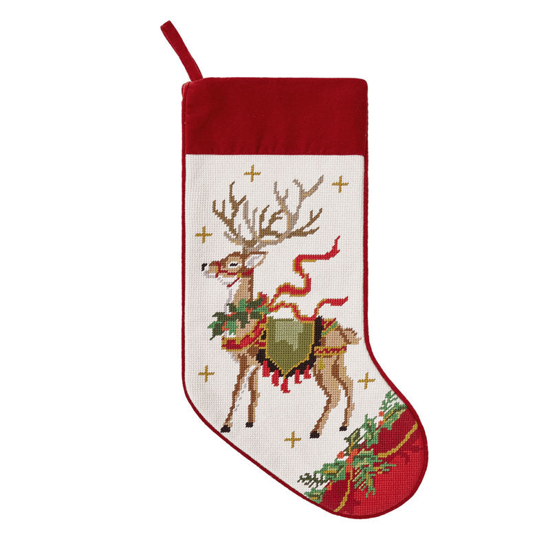 Reindeer With Wreath Embroidered Needlepoint Stocking