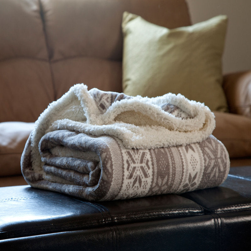 Reversible Fleece Blanket - 50-Inch x 60-Inch Machine-Washable Sherpa Throw with Snowflakes - Cozy Blanket for Couch, Chair, or Bed by Lavish Home