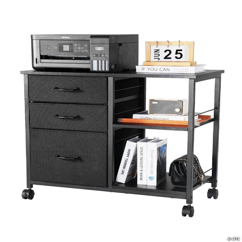 Rolling Metal Storage Cabinet with 3 Fabric Bins and 2 Open Shelves, Black