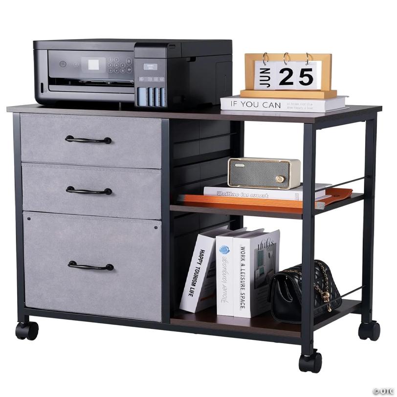 Rolling Metal Storage Cabinet with 3 Fabric Bins and 2 Open Shelves, Brown