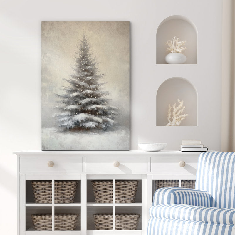 Rustic Gray Christmas Pine Tree Snow Winter Farmhouse Holiday Decor Framed Canvas Print Wall Art