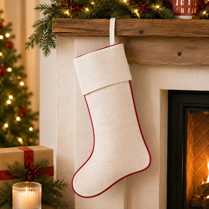 Rustic Holiday DÃ©cor Red Piping Natural Linen Blend Decorative Christmas Stocking 7" W X 15" L