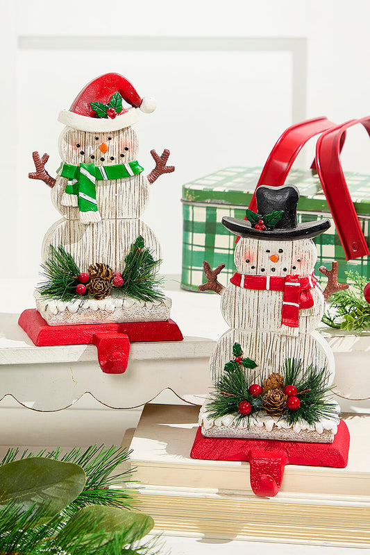 8.25" Snowman Stocking Holder with Pine And Berry Accent