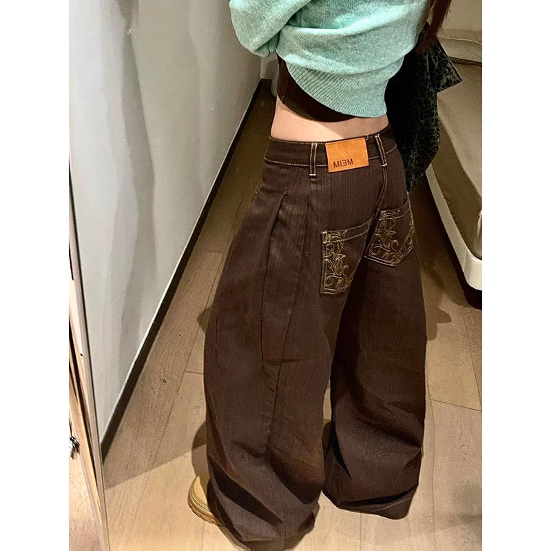 ZHIZOU American Pattern Embroidery Baggy Brown Jeans Women High Street Vintage Y2K 2000s Hip Hop Fashion Casual Wide-leg Pants