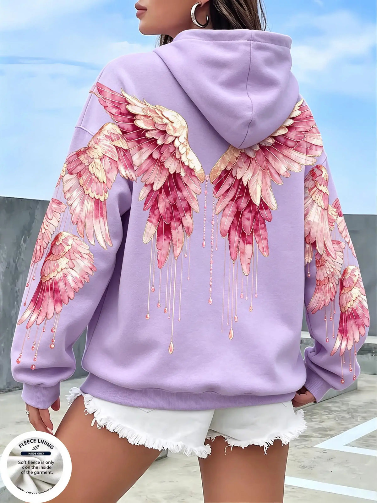Women Fleece Hoodie Angel Wings Back Print Long Sleeve Loose Casual Warm Hooded Sweatshirt