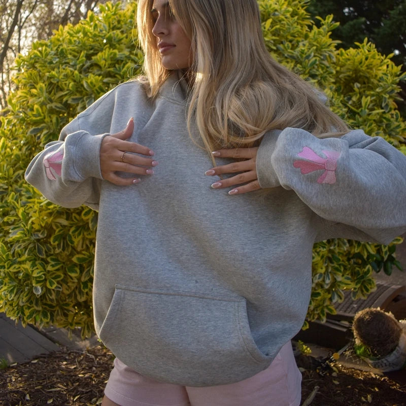 2000s Retro Cute Oversized Hoodies for Teen Girls Women Embroidery Bow Print Sweatshirt Preppy Long Sleeve Pocket Hoodies