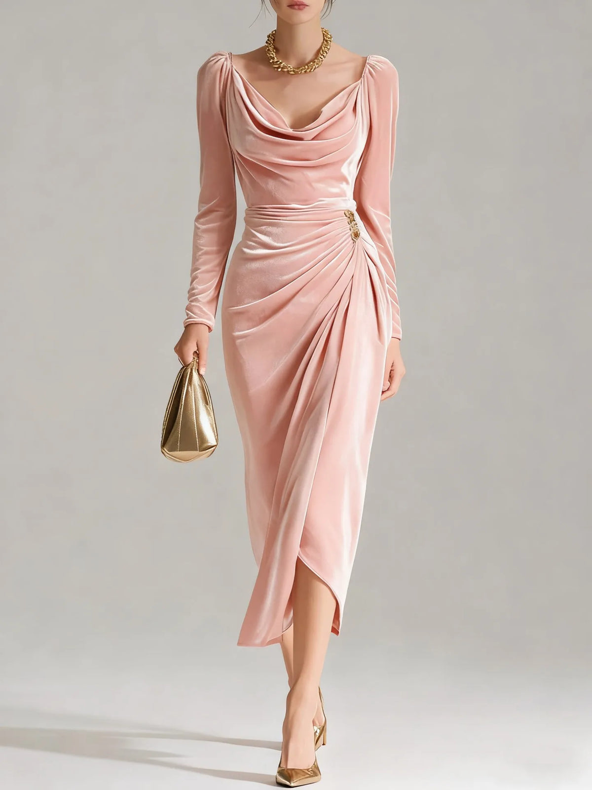 2025 European and American Women's Casual Gold Velvet Sexy Long-Sleeve Slim Pleated Long Split Bodycon Dress
