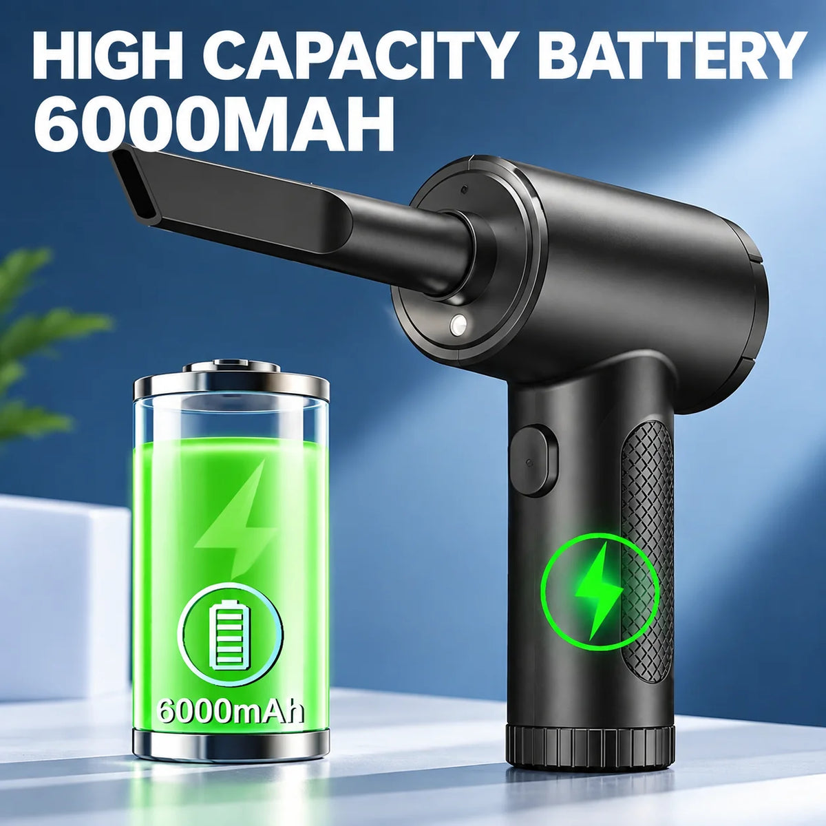 Rechargeable Electric Air Duster, 33000/38000/51000RPM Speeds, 6000mAh Battery, LED Work Light, USB-C Charging, Five Nozzles, for Computer Keyboards, Car Interiors, Fans and Household Dust Cleaning, Black, ABS and PC, 16 x 11 x 4.5cm