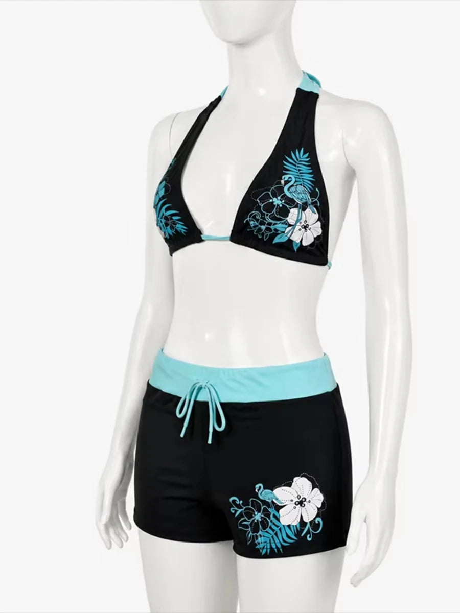 Women's Y2K Tropical Floral Print Halter Bikini Set Two Piece Boy Shorts Beach Swimsuit
