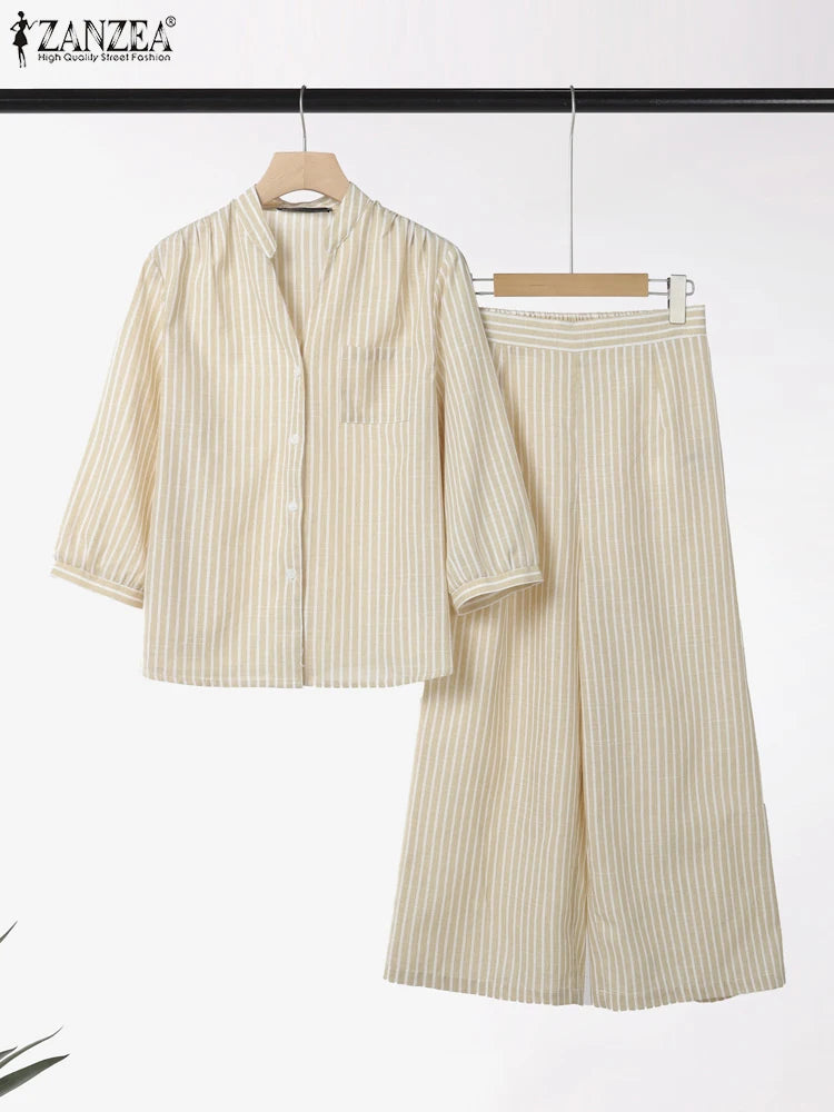ZANZEA Vintage Women Matching Sets Elegant Striped Pant Sets 2025 Autumn V-Neck 3/4 Sleeve Shirts and Casual Long Pants 2PCS