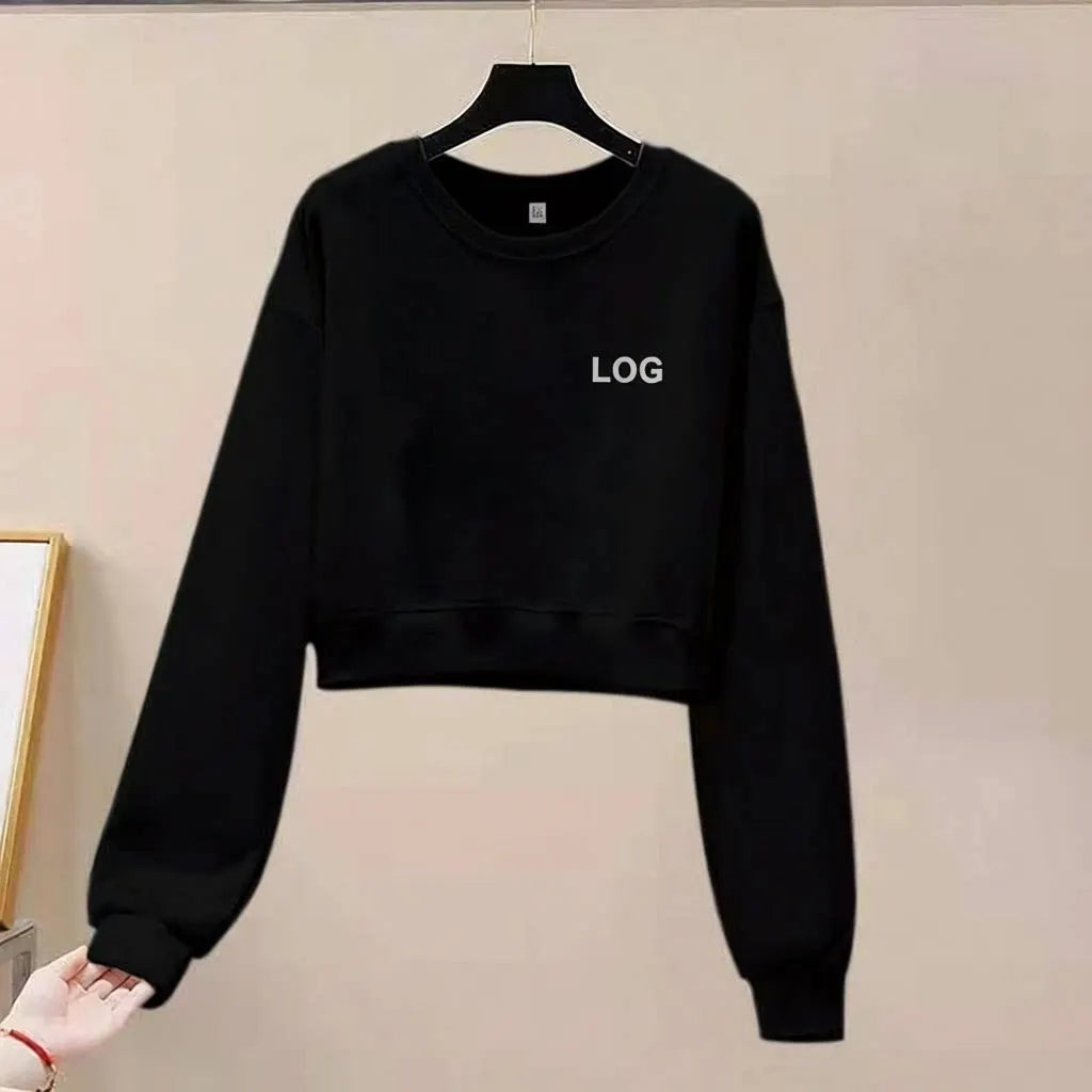 Sweatshirt Slimming High Waist Short Sweatshirt Women's Loose Casual Long Sleeve Hoodie round Neck Thin Top Female Fashion Autumn Wear