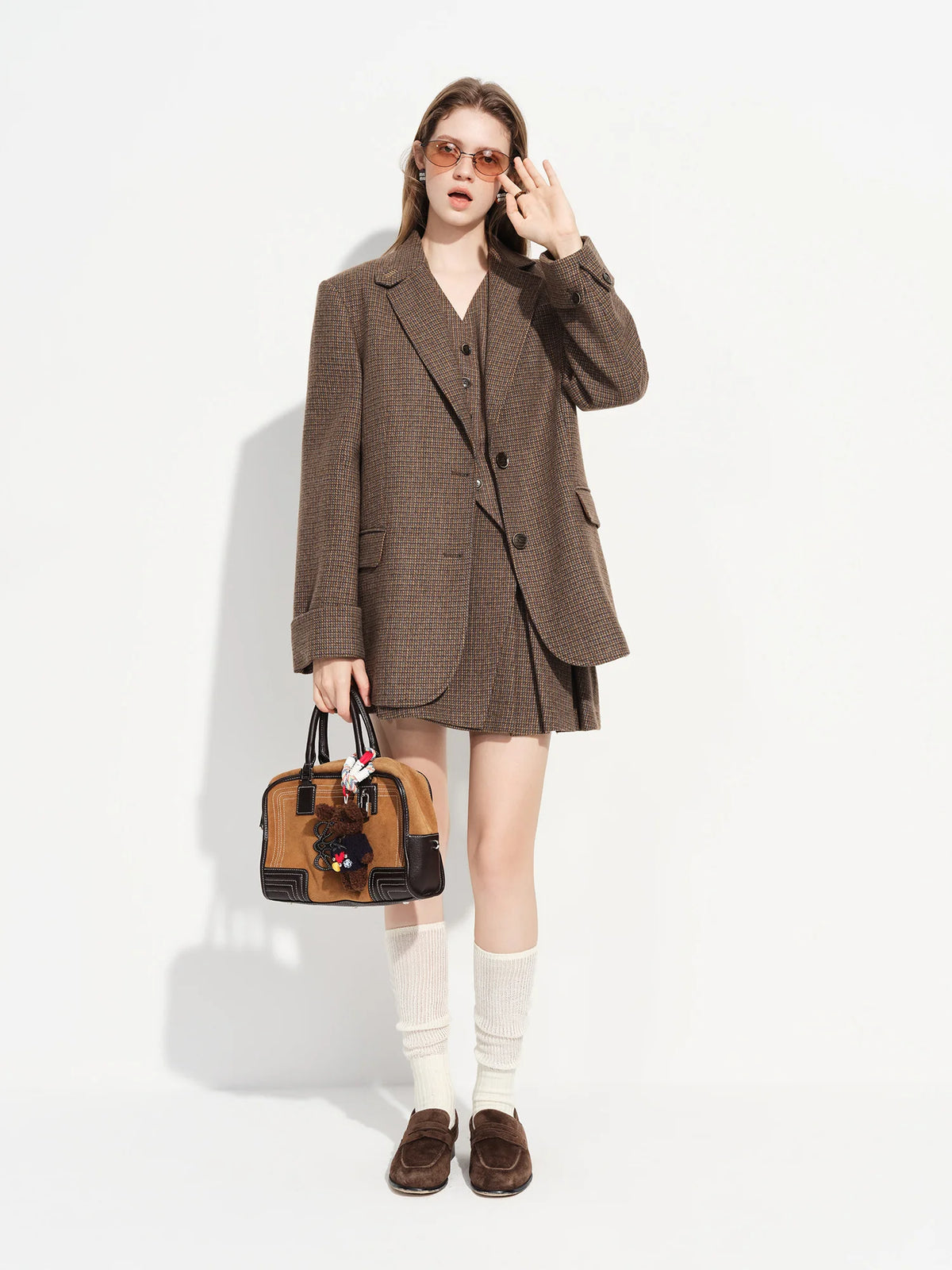 Set Office Chic Suit FSLE【Premium Series】New Women's Brown Wool Checkered Suit Set Blazer Vest Skirt Three Piece Coord Vintage Office Chic Suiting