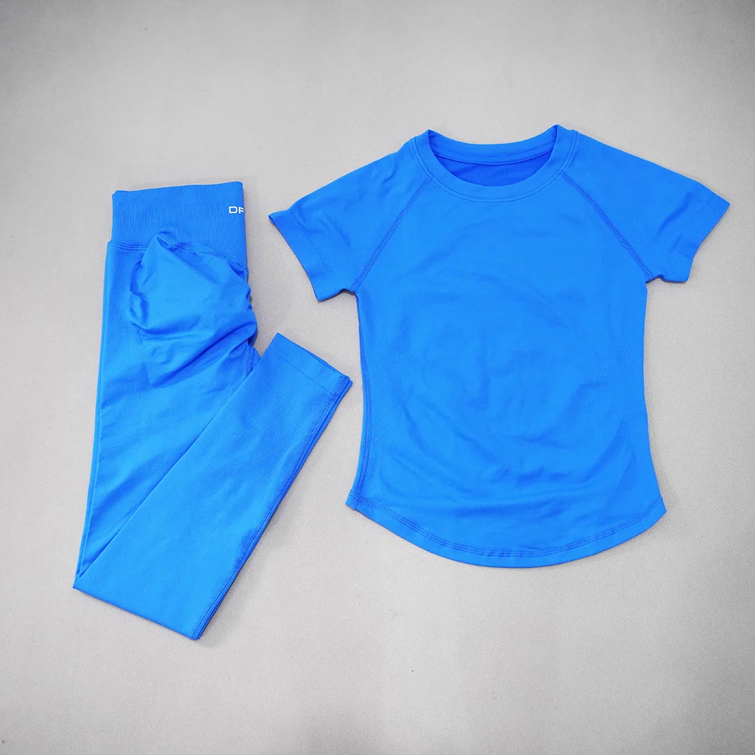 DF LOGO Ladies Seamless 2Pcs Yoga Set Short Sleeve Slim Top High Waist Leggings Quick Dry Breathable Gym Running Fitness Outfit