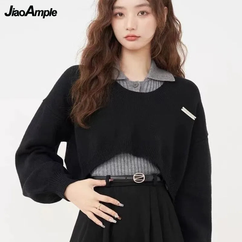 2026 Women's Spring Autumn Knit Sweater+POLO Vest+Retro Plaid Strap Skirt 3-Piece Suit Lady Elegant Dress Matching Set
