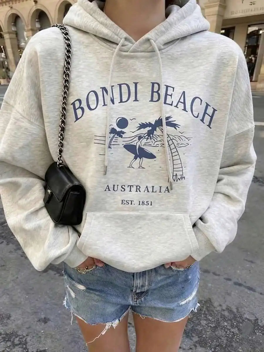 2026 Fashion New Arrival Bondi Beach Coconut Tree Print Womens Grey Drop Shoulder Oversized Pullover Hoodie Long Sleeve Casual Sweatshirt For Teenage Girls Basic Top T Shirt