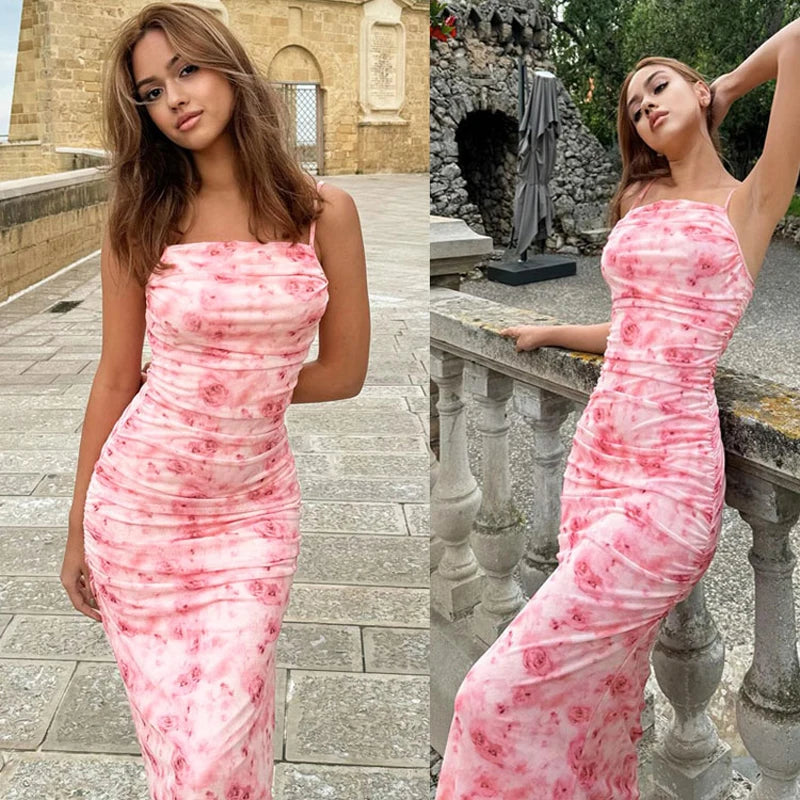 Sexy Elegant Floral Print Ruched Dress Spaghetti Strap Backless Women Dresses Summer Party Birthday Club Ladies Clothes