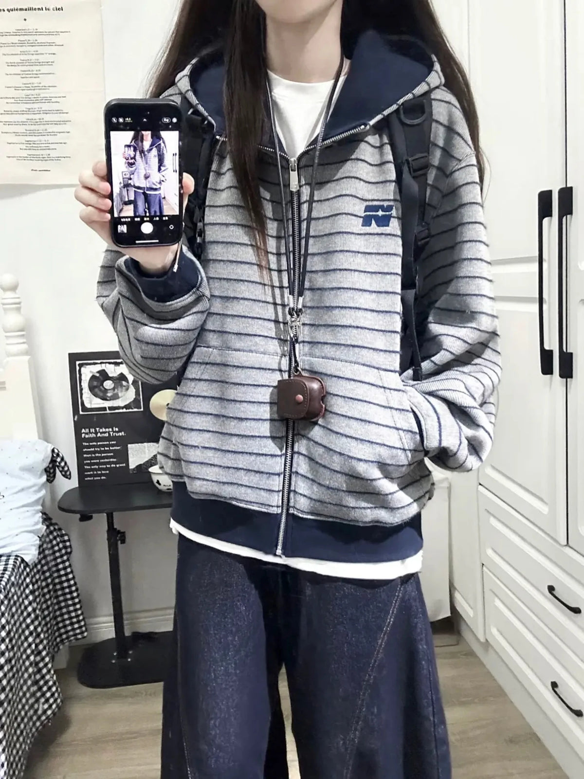 Sweatshirt Retro American Striped Embroidered Open Cardigan Sweatshirt Women Loose Lazy Style Couple Hooded Spring Autumn Trendy Jacket