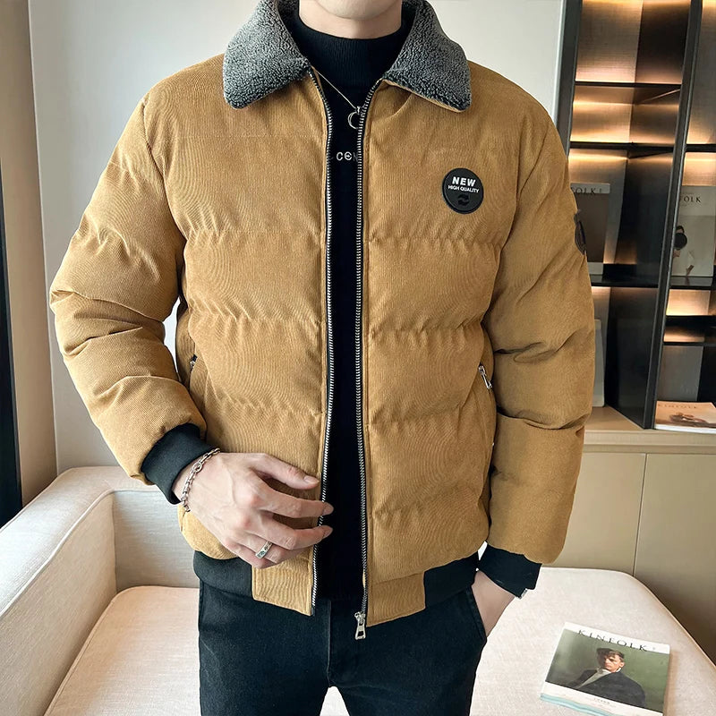 Men Retro Corduroy Workwear Jacket Men Fleece Lined Loose Casual Outerwear Men Winter Lapel Thick Cold Resistant Fashion Parkas