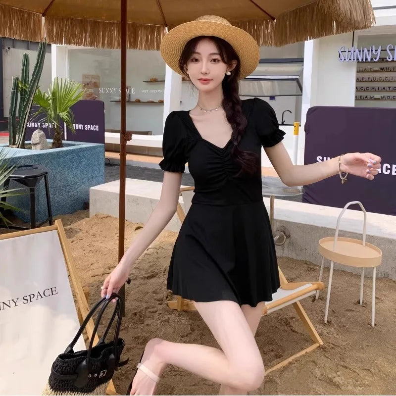Women's V-neck Puff Short Sleeved One-piece Swimming Skirt with Ribbed Slim Fit Conservative Swimsuit Suitable for Beach Parties