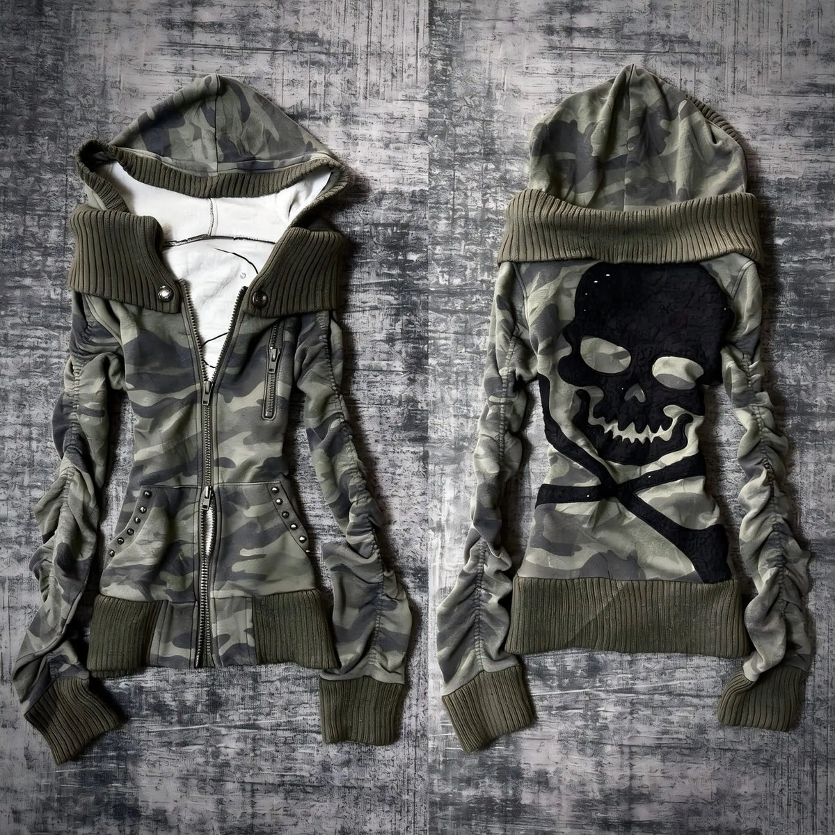 Gray Double Zip Up Slim Fit Classic Sweatshirts for Women's Harajuku Gothic Skulls Pattern Warm Hoodies Grunge Anime Hoodies