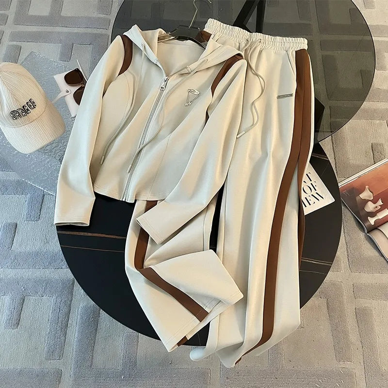 Women's Casual Sports Suit Slim and Skinny Hooded Zipper Jacket Wide Leg Pants Two-piece Set