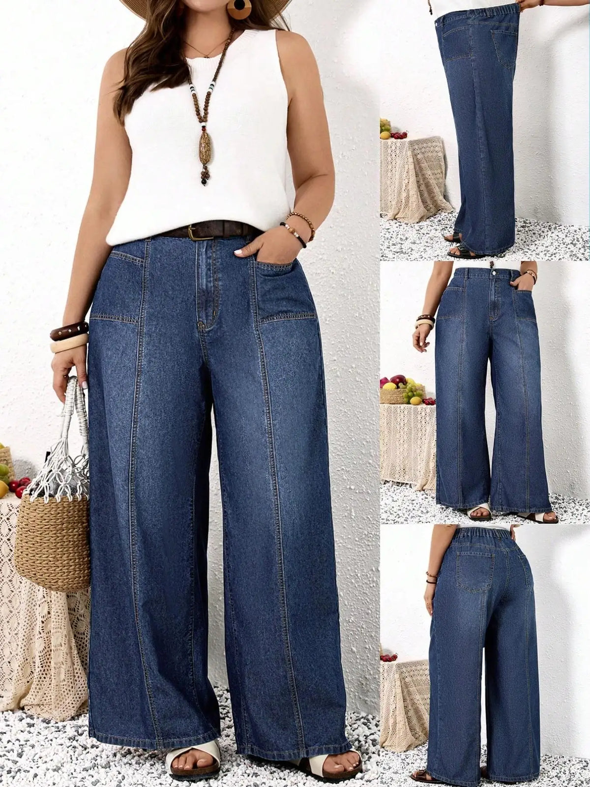Plus Size Wide Leg Jeans for Women, High Waist Patchwork Design, Loose Fit Denim Jeans, Comfortable and Stylish