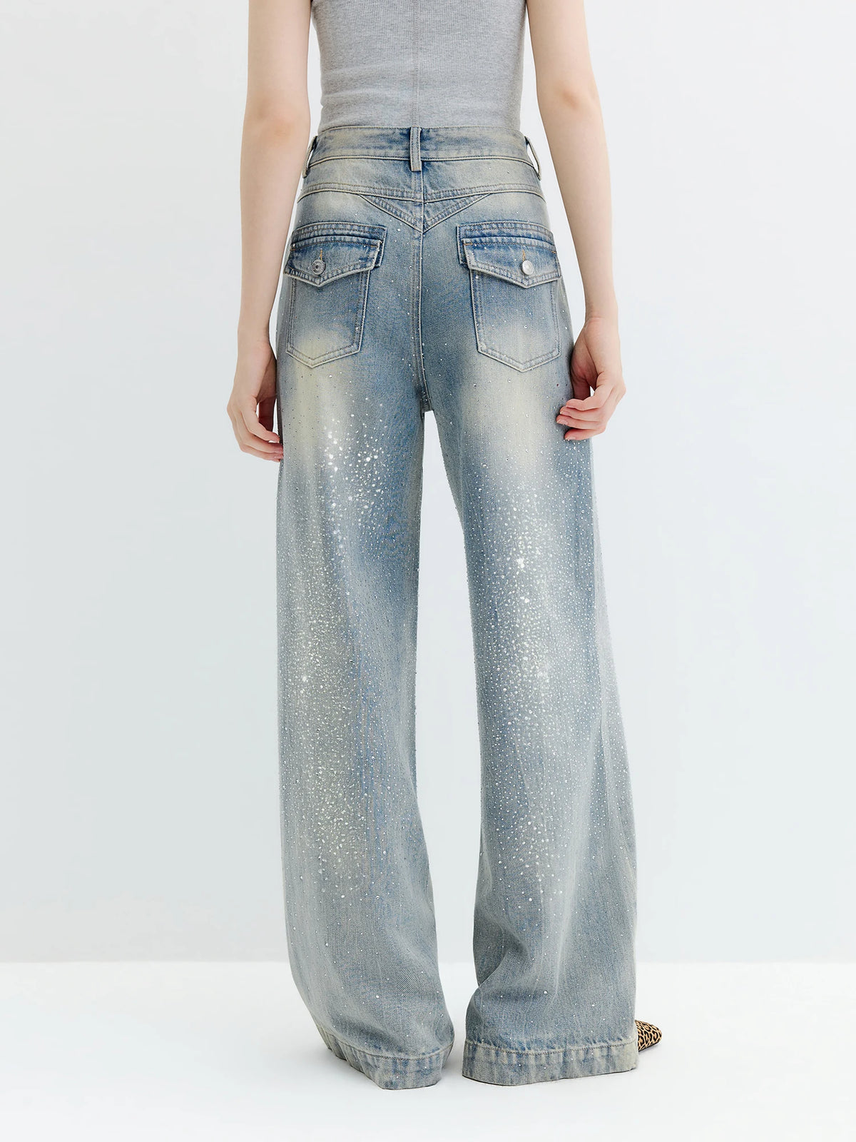 Jeans FSLE 2026 Women‘s Vintage Washed Rhinestone Straight Wide Leg Jeans Heavy Craftsmanship Embellished Denim Pants Commute Style