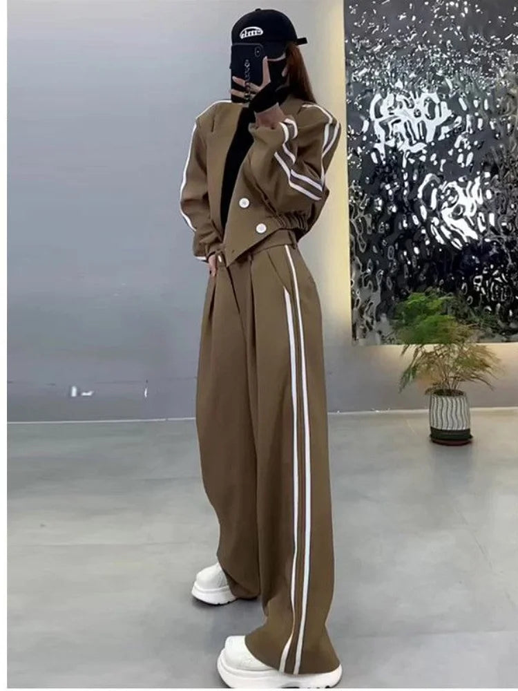 Spring Autumn 2024 Fashion Sporty Casual Women's Suit High Waist Slimming Wide Leg Pants Two Piece Set Stylish Ensemble