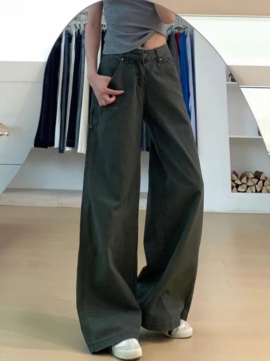Jeans American Style Military Green Straight Leg Jeans Women's Loose Slim High Waist Casual Wide Leg Pants Autumn Arrival