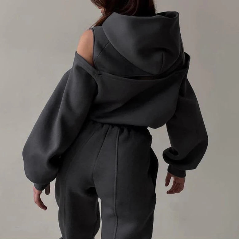 Women's 2026 European American Style Two-Piece Set Solid Color Hooded Short Hoodie Leg Binding Pants Casual Outfit