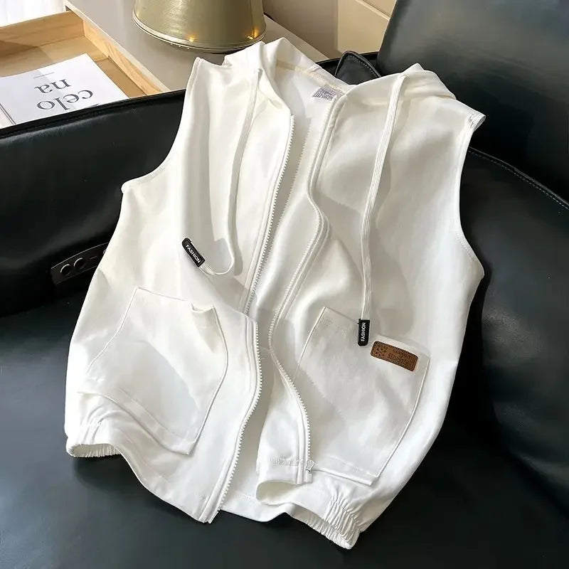 Casual Sleeveless Hoodies Sweatshirts Zipper Cardigans Women Hooded Vest Loose Fitting Korean Fashion Streetwear Sleeveless Tops
