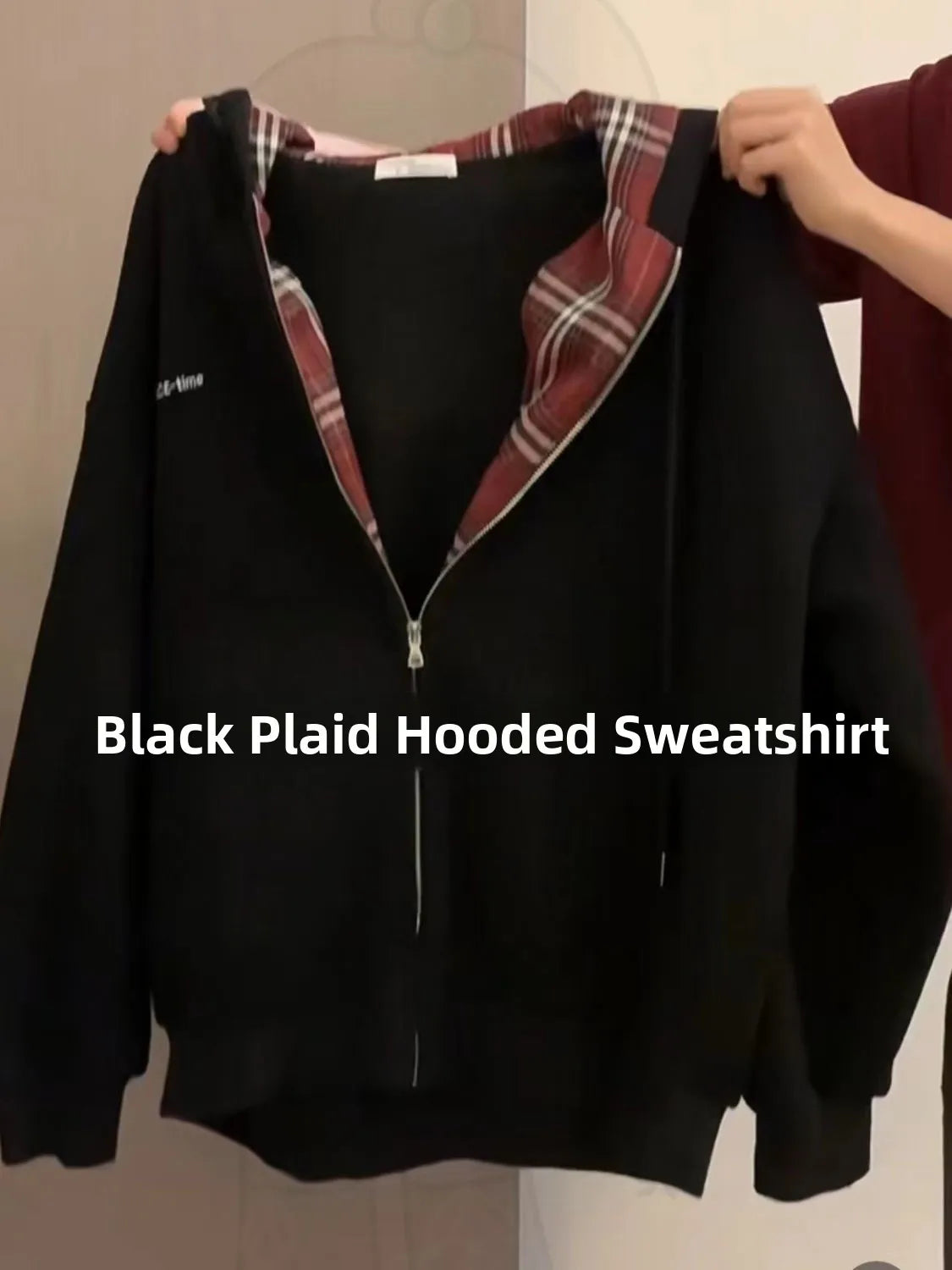 American Lazy Style Retro Plaid Splicing Hoodie Autumn Winter Fleece Lined Open Cardigan Couple Casual Hooded Jacket Trendy