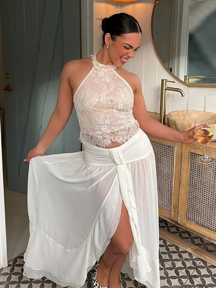 Sexy White Lace Halter Skirt Suit Sleeveless Crop Top High Waist Split Knot Long Skirts 2026 Summer Vacation Beach Matching Sets
