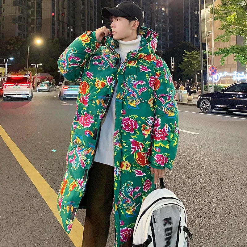 Northeast China Male Parkas High Quality Coat Warm Hooded Clothes Flower Chinese Style Flower Cotton Coat