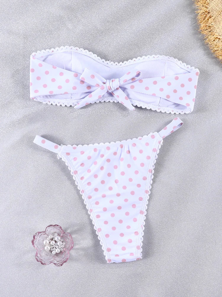 Swimsuit 2026 White Dot Print Bikini Bow Swimwear Bandeau Bikinis Low Waist Beachwear Cute Bathing Suit Holiday Swimsuits
