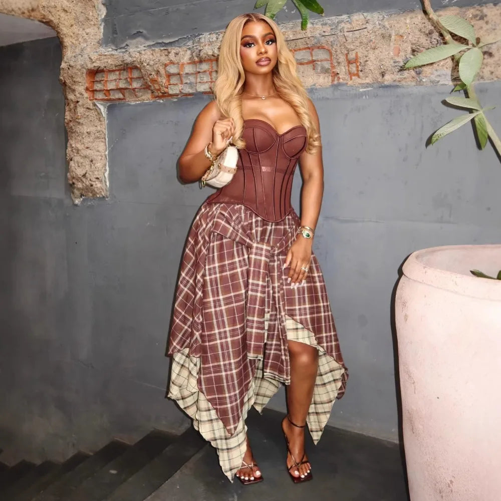 Summer Women 2‑Piece Outfit Set Vintage Plaid High Waist Slim Fit Irregular Hem Midi Skirt Matching Set Casual Skirt Set