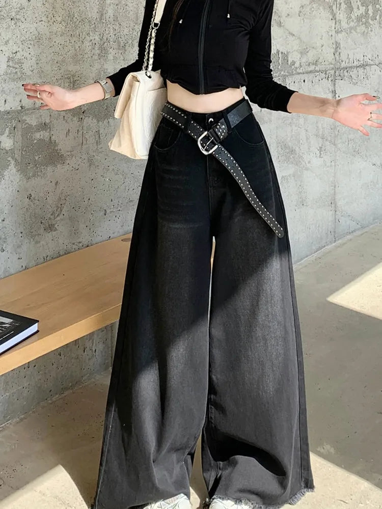 American Retro High Waist Loose Women's Jeans Black Frayed Hem High Street Long Pants plus Size Slimming Trousers