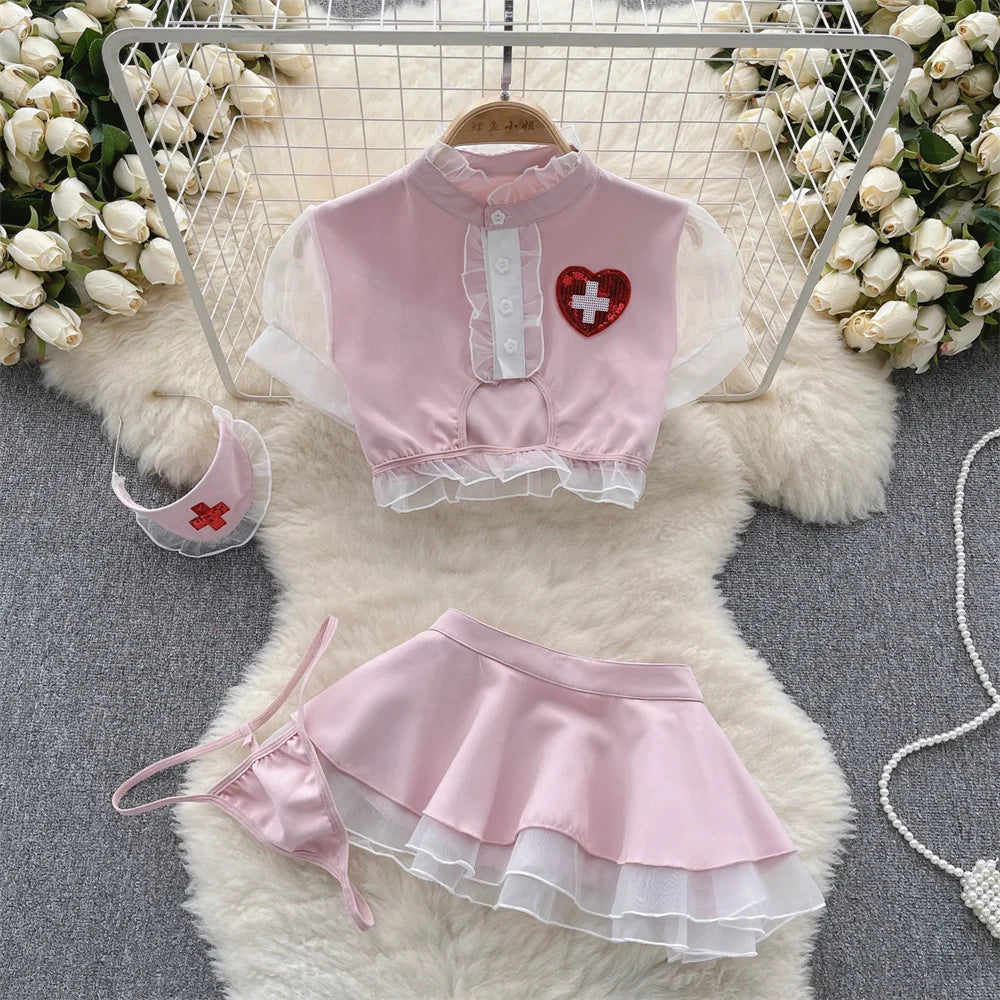 New Hotsweet 5 Pieces Sets Short Skirt Sailor Chic Women's Dress Sexy Pleated Suits Lace Bra Brief Plaid Mini Skirt Preppy Ins