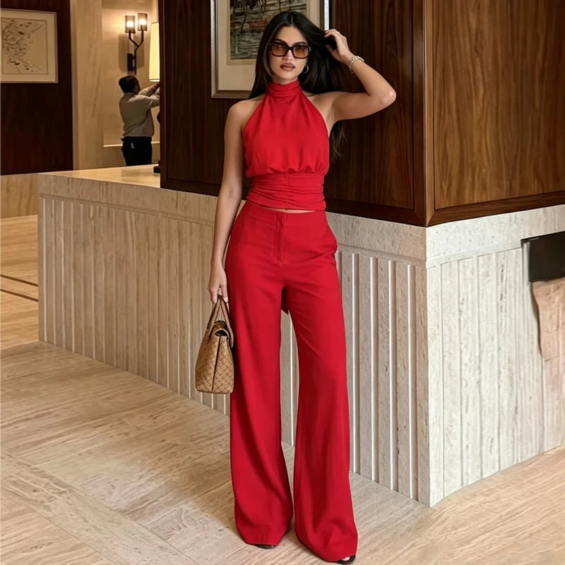 Women's Red Pants Sets Sexy Halter Backless Ruched Crop Tank Top Suit Elegant Female 2 Piece Sets Summer Woman Matching Sets