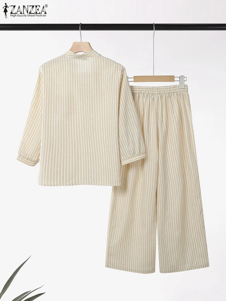 ZANZEA Vintage Women Matching Sets Elegant Striped Pant Sets 2025 Autumn V-Neck 3/4 Sleeve Shirts and Casual Long Pants 2PCS