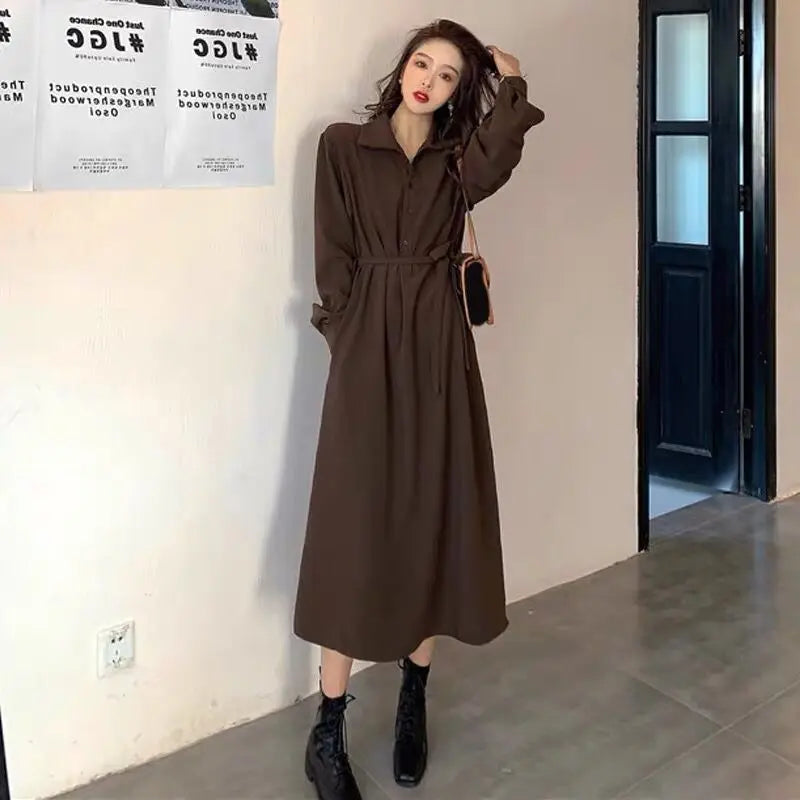Dress Hebe Style Elegant Black Long Dress Women's Shirt Collar Waist-Cinching Slimming Autumn Winter Korean Version City Commute