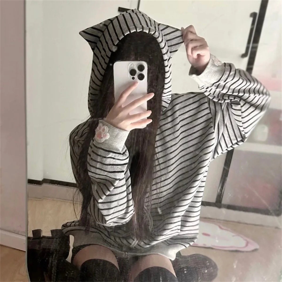 Cool Black Spring Women's Zipper Casual Long Sve Striped ort Coat Autumn Wear Street Sle Loose Fit Comfortable Femme Hoodie