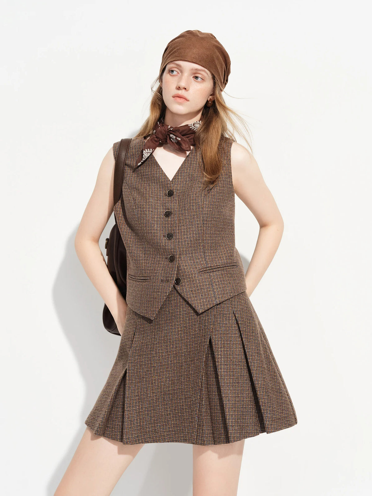 Set Office Chic Suit FSLE【Premium Series】New Women's Brown Wool Checkered Suit Set Blazer Vest Skirt Three Piece Coord Vintage Office Chic Suiting