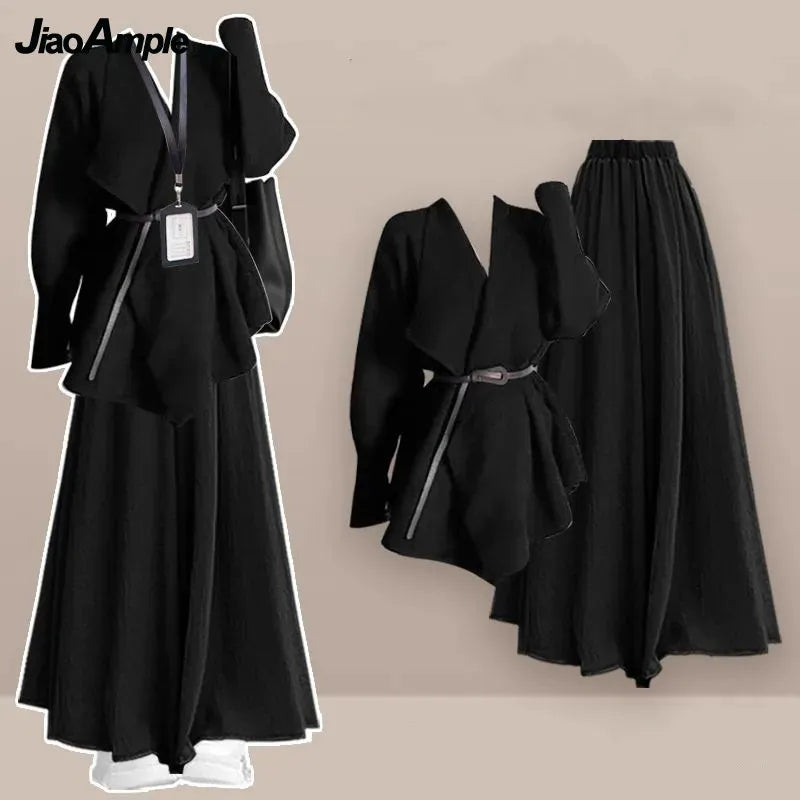 2025 Autumn/Winter Korean Elegant In Matching Set Women's Fashion Knitted Cardigan Coat+Loose Skirt Pants Two Piece Suit